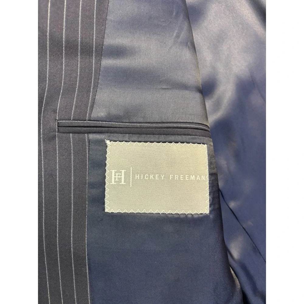 Hickey Freeman Limited 42L 35x36 Navy Blue Chalk Stripe 2pc Pant Suit Wool USA